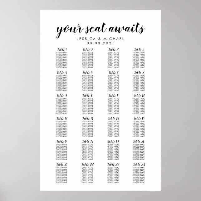 24 Bord Stor Bröllop Gäst Sittplatsschema Poster (Framsidan)