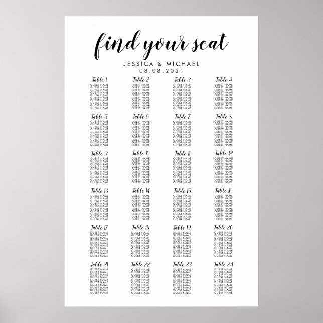 24 Bord Stor Bröllopsgästernas Sittplatsschema Poster (Framsidan)