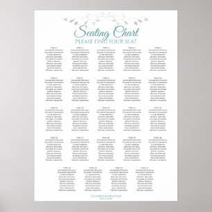 24 Bord Teal on White Bröllop Seating Chart Poster