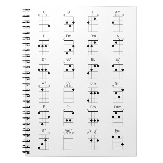 24 Common Ukulele Chords Chart - Uke Cheat Sheet P Anteckningsbok (Framsidan)