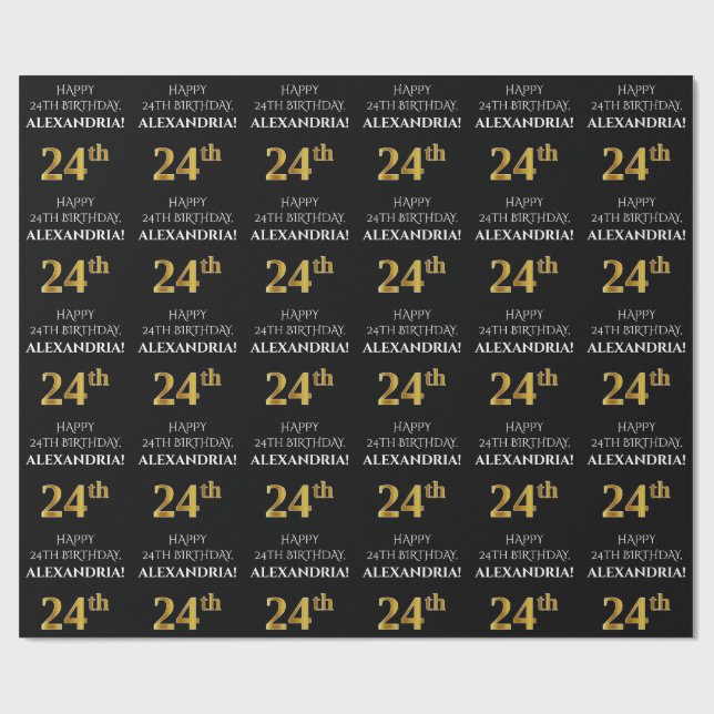 24:e födelsedag: Elegant, svart, faux Guld-utseend Presentpapper (Platt)