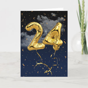 24:e födelsedag Guld Mylar Balloon and Confetti Ca Kort