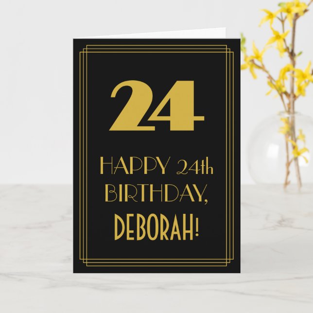 24:e födelsedagen - Art Deco Inspired Titta "24" o Kort (Gul blomma)