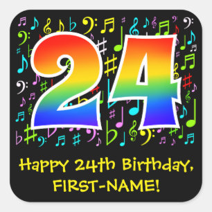 24:e födelsedagen: Colorful Music Symbols, Rainbow Fyrkantigt Klistermärke