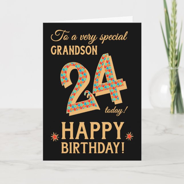 24:e födelsedagen, för Grandson, Guld Effect on Bl Kort (Framsida)