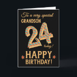24:e födelsedagen, för Grandson, Guld Effect on Bl Kort<br><div class="desc">Ett 24:e födelsedagskort i chic för en mycket speciell morson, med siffran 24, i ett ljust mosaiskt mönster med en guld-effektkontur och all text i guld-effektsbokstäver (dvs. inte metallisk färg). En ljus röd stjärna och guld-effektstjärna står bredvid "Grattis på födelsedagen" på Judy Adamsons slående digitala design. Det inre budskapet, som...</div>