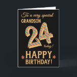 24:e födelsedagen, för Grandson, Guld Effect on Bl Kort<br><div class="desc">Ett 24:e födelsedagskort i chic för en mycket speciell morson, med siffran 24, i ett ljust mosaiskt mönster med en guld-effektkontur och all text i guld-effektsbokstäver (dvs. inte metallisk färg). En ljus röd stjärna och guld-effektstjärna står bredvid "Grattis på födelsedagen" på Judy Adamsons slående digitala design. Det inre budskapet, som...</div>