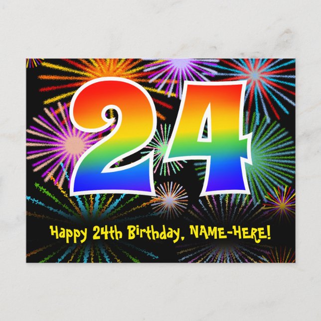 24:e födelsedagen - Roligt Fireworks Mönster + reg Vykort (Framsida)