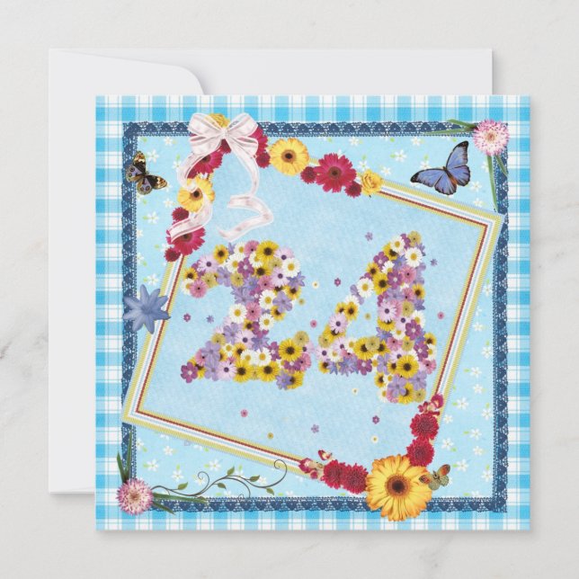 24:e Födelsedagsfest inbjudan-blommor,fjärilar Inbjudningar (Framsida)