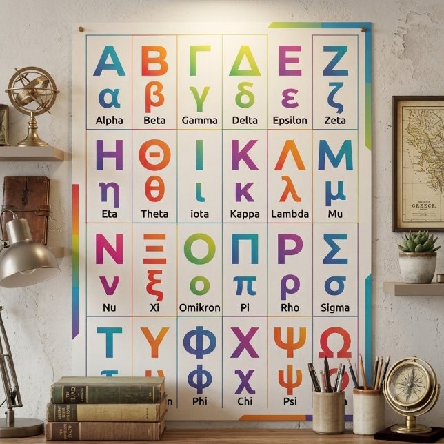 24 Färgglada gemener versaler - Grekiska alfabetet Poster (Colorful Greek alphabet wall poster, Buy sorority fraternity chart, Greek alphabet pronunciaton)