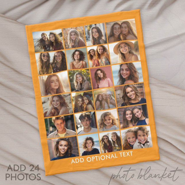 24 Fotokollage - Anpassad text - Orange och vit Fleecefilt (Custom Fleece Blanket with Photo Collage for Family and Friends)