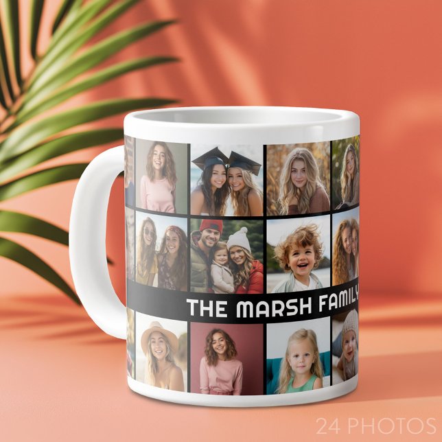 24 Fotokollage med familje-Namn Datumsvart Jumbo Mugg (Custom Photo Collage Mug)