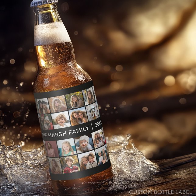 24 Fotokollage med familjens Namn-datum - svart Ölflaska Etikett (Custom Photo Collage on a Food and Beverage Label)