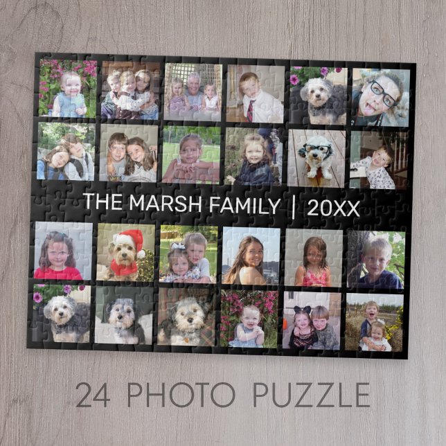 24 Fotokollage med familjens Namn-datum - svart Pussel (24 Photo Personalized Jigsaw Puzzle)