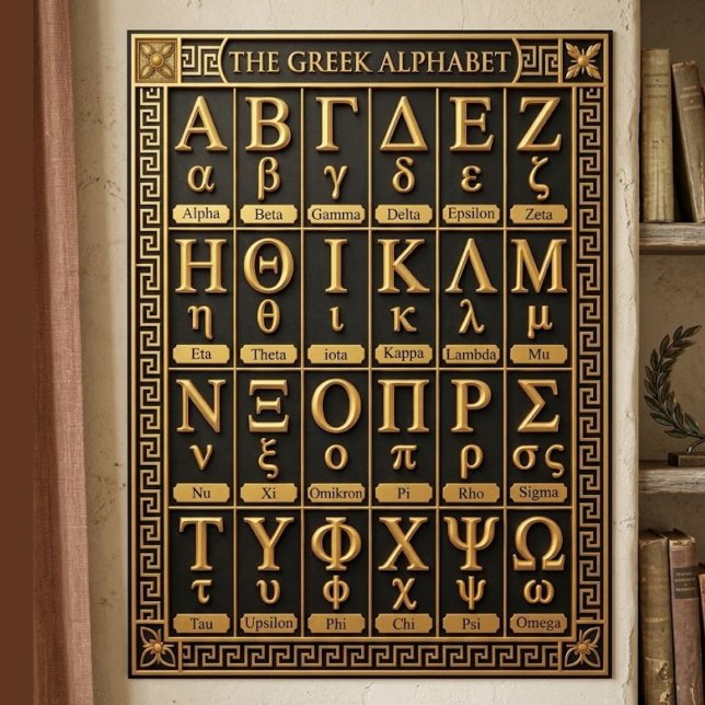 24 grekiska alfabetet bokstäver present - Estetisk Poster (Black gold aesthetic room decor, Order Greek letters wall print, Ancient Greece gift home decor)