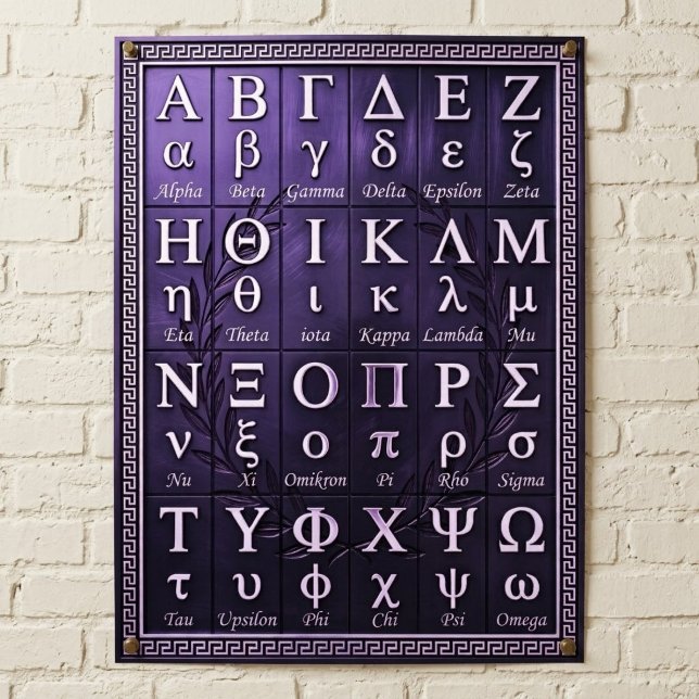 24 grekiska alfabetet uttal - antika bokstäver poster (Greek words, Greek letters order with pronunciation, ancient Greece letters list, lowercase words )