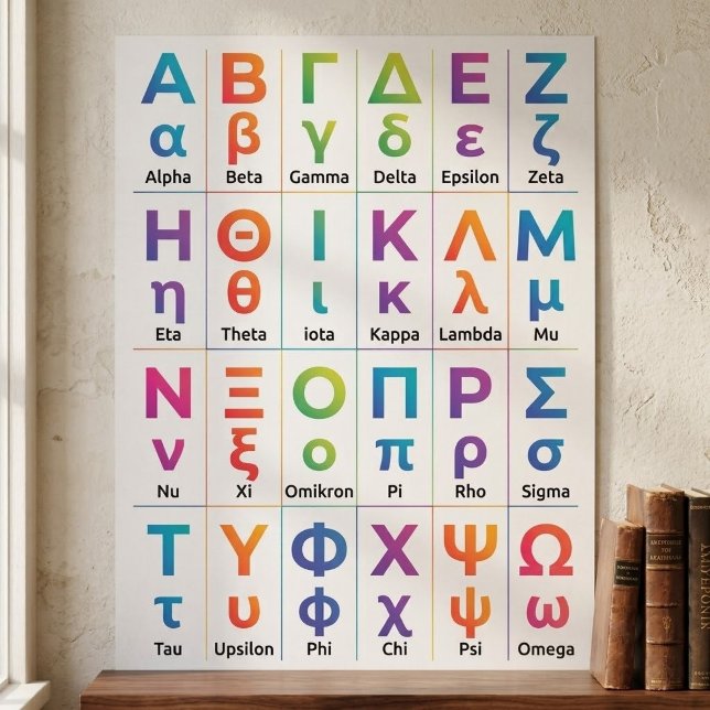 24 grekiska alfabetet uttal - Greklands bokstäver Poster (Math science greek alphabet decor, Xi Nu letter poster template, Buy complete greek letters chart)