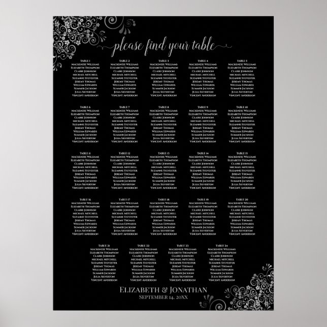 24 passagerardiagram Bord Silver och Svarta Bröllo Poster (Framsidan)