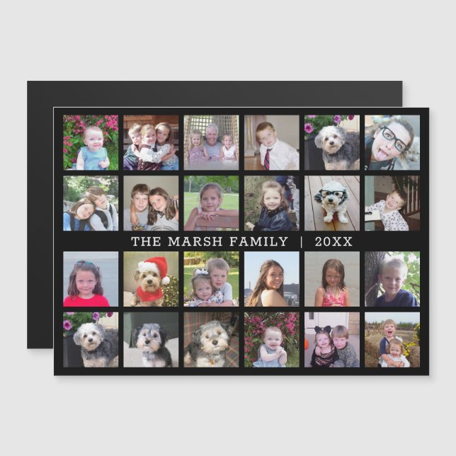 24 Photo Collage Family Namn - Svart kylskåpsmagne (Fram/baksida)