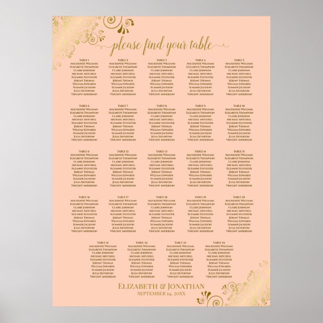 24 sätesdiagram för korallpersikor och Guld Bröllo Poster (Framsidan)