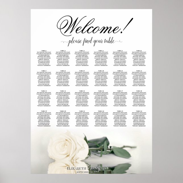 24 sittplatsplan Bord Vit ros Elegant bröllop Poster (Framsidan)