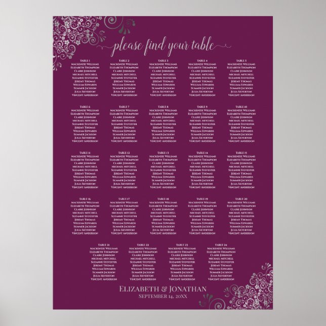 24 sittplatsplan för Bord Silver & Cassis Bröllop Poster (Framsidan)