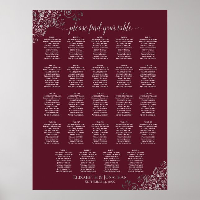 24 sittplatsplan för Bord Silver och Burgundy Bröl Poster (Framsidan)
