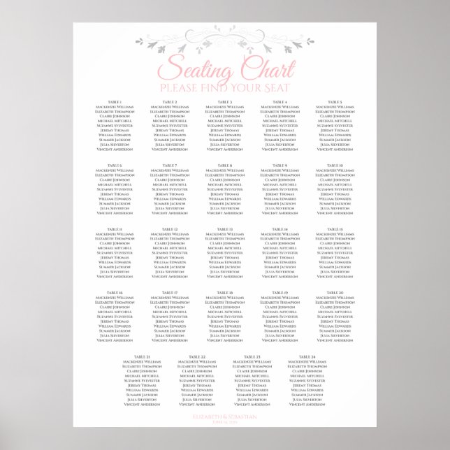 24 sittplatsplan för Rosa och Grått Bröllop Poster (Framsidan)