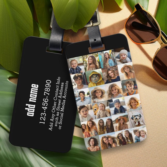 24 Stödraster för fotokollage - svart med vit text Bagagebricka (Personalized Luggage and Bag Tag)