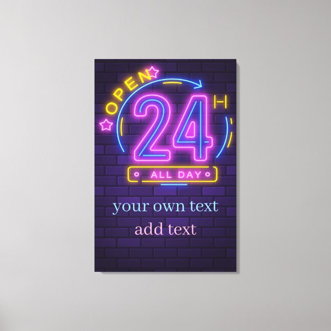 24 timmar öppen neon-teckenmall canvastryck (Framsida)