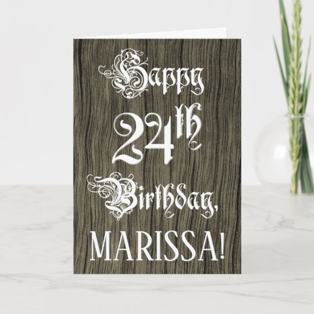 24th Birthday: Fancy, Elegant Text; Faux Wood Look Kort (Framsida)