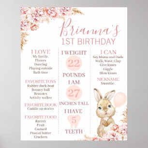 24x30 Boho Blommigt Bunny 1:a födelsedagsmilstolpe Poster