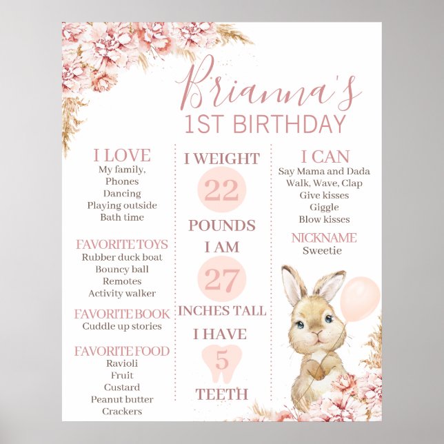 24x30 Boho Blommigt Bunny 1:a födelsedagsmilstolpe Poster (Framsidan)