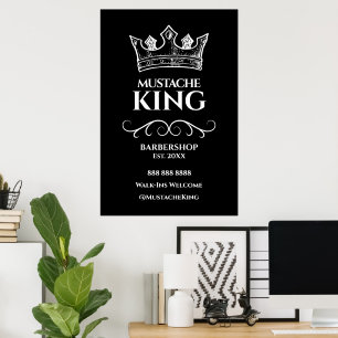 24x36 White Krona Kung Mustache Barbershop-skylt Poster