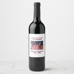 250-årsdagen USA Patriotic American Flaggor Vinflaska Etikett