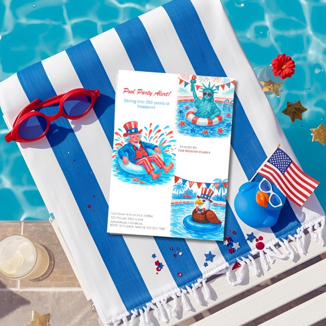 250-årsjubileums Poolparty  Röd, vit blå Inbjudningar (Semiquincentennial Pool Party Red, white blue Invitation)