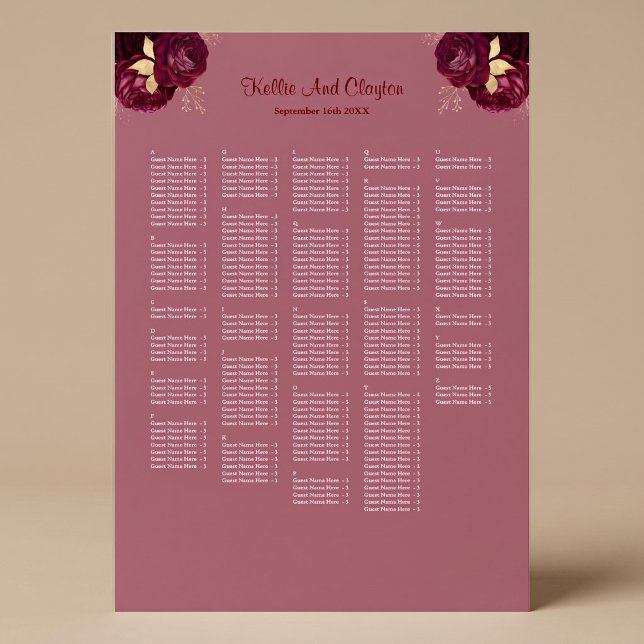 250 Burgundy & Guld Blommig Bröllopsställningsplan Poster (Skapare uppladdad)