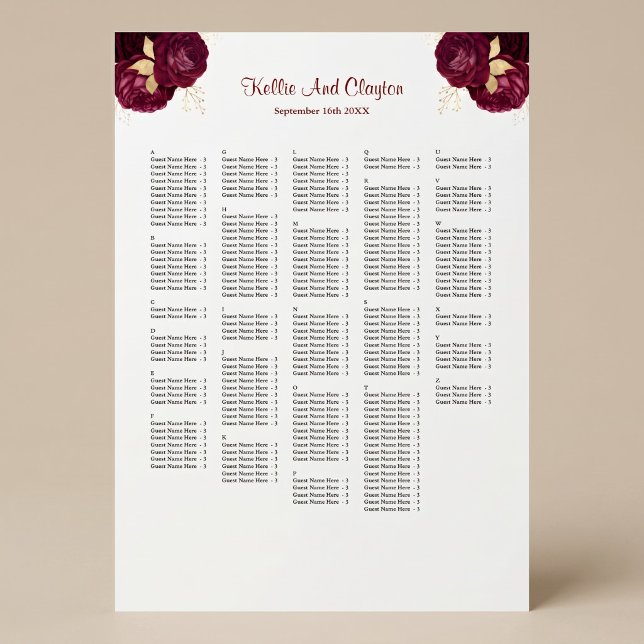 250 Burgundy & Guld Blommig Bröllopsställningssche Poster (Skapare uppladdad)