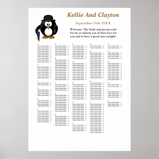 250 Funny Penguin Greeter Bröllop-sätesdiagram Poster (Framsidan)