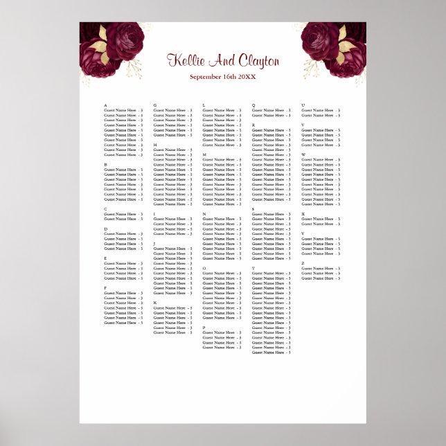 250 Sätesdiagram för Burgundy och Guld Blommigt Br Poster (Framsidan)