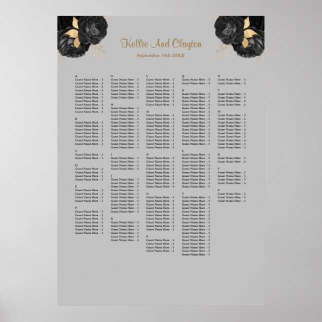 250 Sittplatsdiagram för svart och Guld Blommigt B Poster (Framsidan)