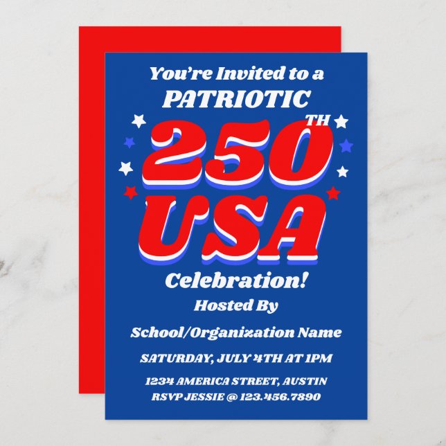 250 USA Celebration Editable Patriotic Invite Inbjudningar (Fram/baksida)