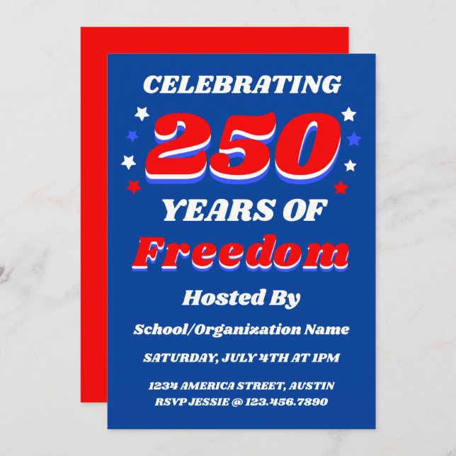 250 Years USA Editable Personalized Patriotic Inbjudningar (Fram/baksida)