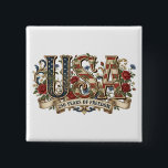 250th Anniversary USA Semiquincentennial  Knapp<br><div class="desc">Celebrate this extra special milestone Independence day with an anniversary button! This button features USA in bold red letters with a stars and stripes patterned with additional lettering that says "250 years of freedom" on the back. Perfect for celebrating the 250th anniversary of America.</div>