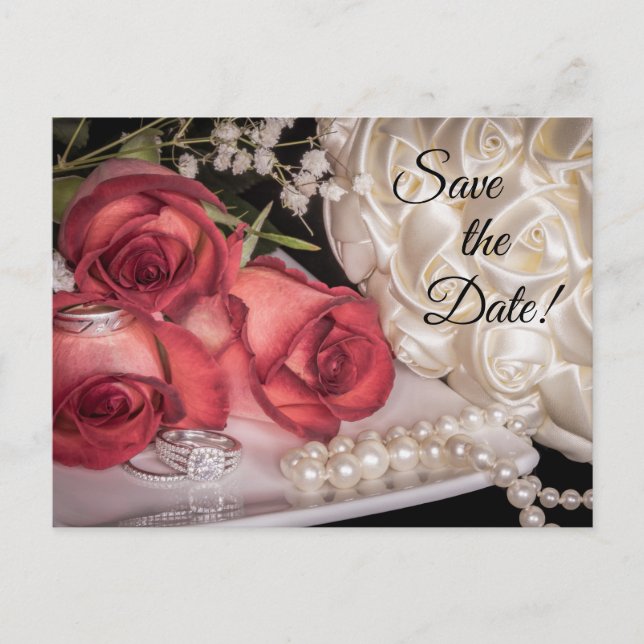 2586-White & Röd ros, Ringar, Bouquet, Pearls Vykort (Framsida)