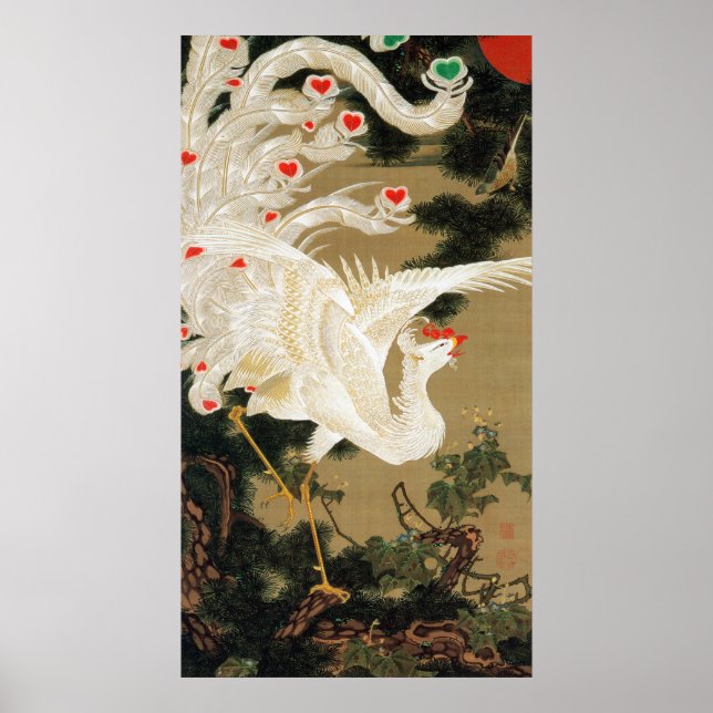25. 老 松 白 鳳 図, 若 Gräs-träd & Phoenix, Jakuchu Poster (Framsidan)