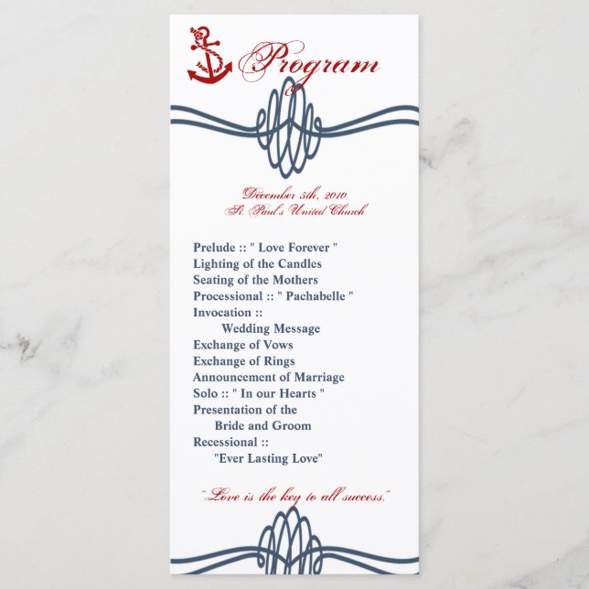 25 4 x 9 Bröllopsprogram Navy Nautical Knot Anchor Program (Framsida)