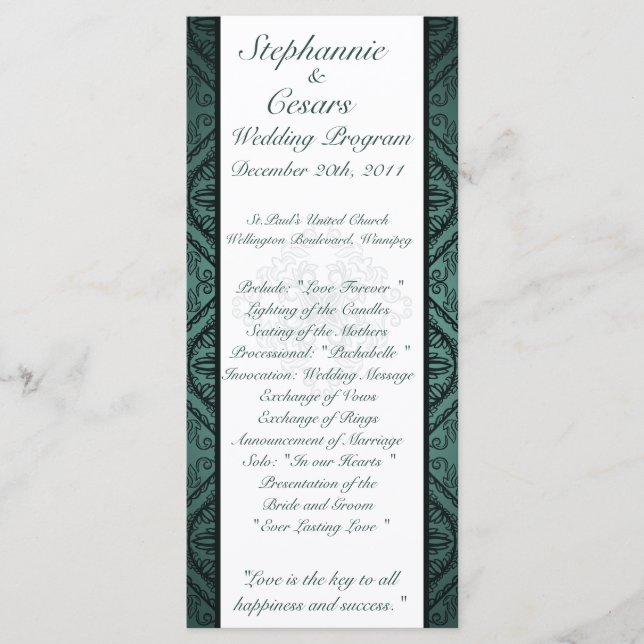 25 4 x 9 Bröllopsprogram Teal Ornate Damask Program (Framsida)