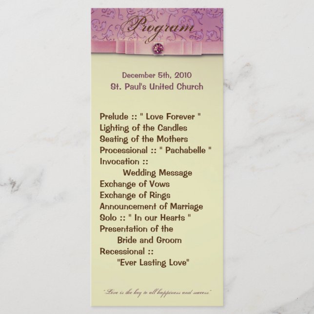25 4x9 Bröllopsprogram Amethyst Jewel Embossed Pap Program (Framsida)