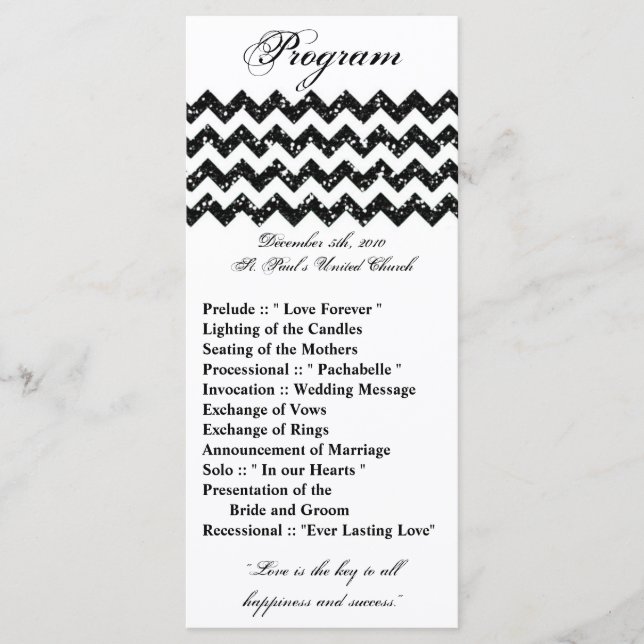 25 4x9 Bröllopsprogram Black Glitter Chevron Zig Program (Framsida)